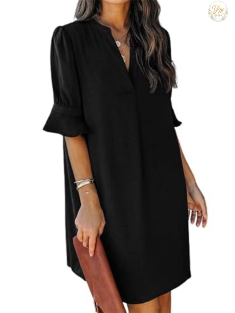 Women's Casual V-Neck Shift Mini Dress Ruffle Short Sleeve Flowy Boho